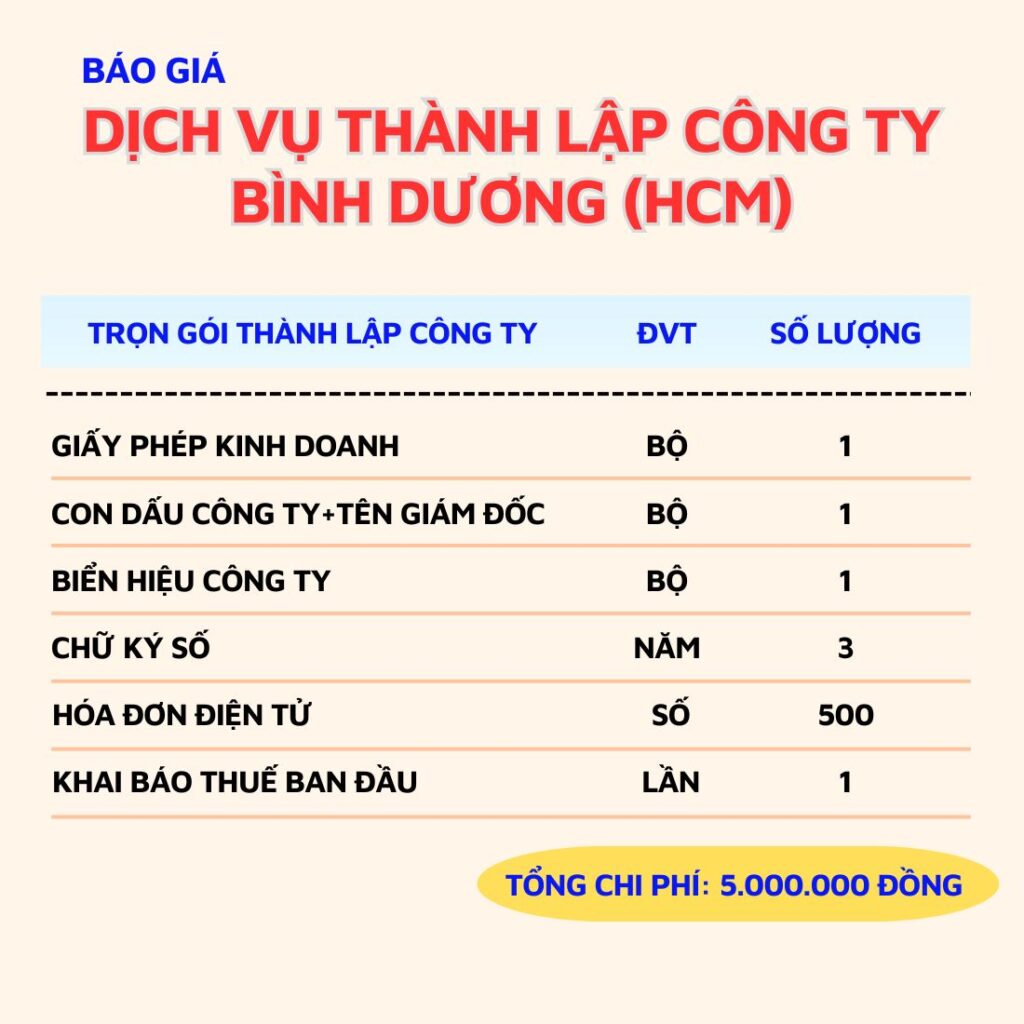 Báo giá Dịch vụ thành lập công ty Bến Cát - Bình Dương (HCM)