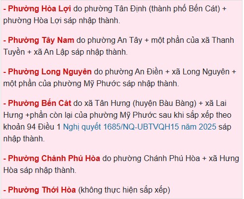 Các phường mới của thành phố Bến Cát tỉnh Bình Dương cũ sau sắp xếp đơn vị hành chínhNguồn: thuvienphapluat.vn