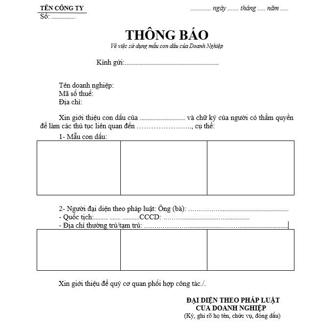 Thông báo mẫu dấu gửi ngân hàng