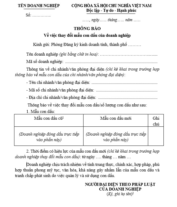 Thông báo thay đổi mẫu dấu doanh nghiệp