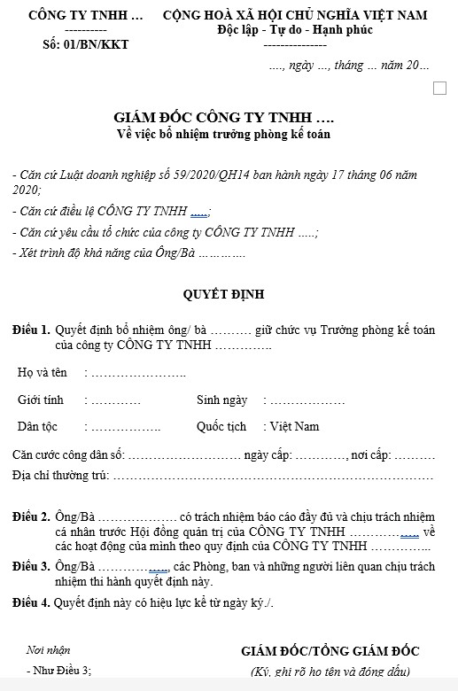 quyết định bổ nhiệm kế toán trưởng